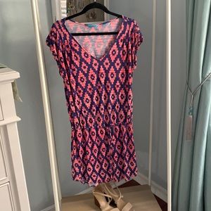 Tori Richard Honolulu size L Navy, coral light, coral, drawstring waist dress